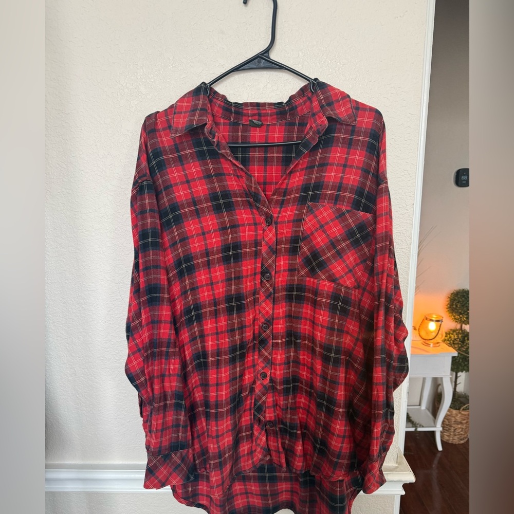 Red and Black Plaid Button-Up Shirt wild fable large
